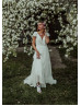 Cap Sleeves Ivory Chiffon V Back Bohemian Wedding Dress